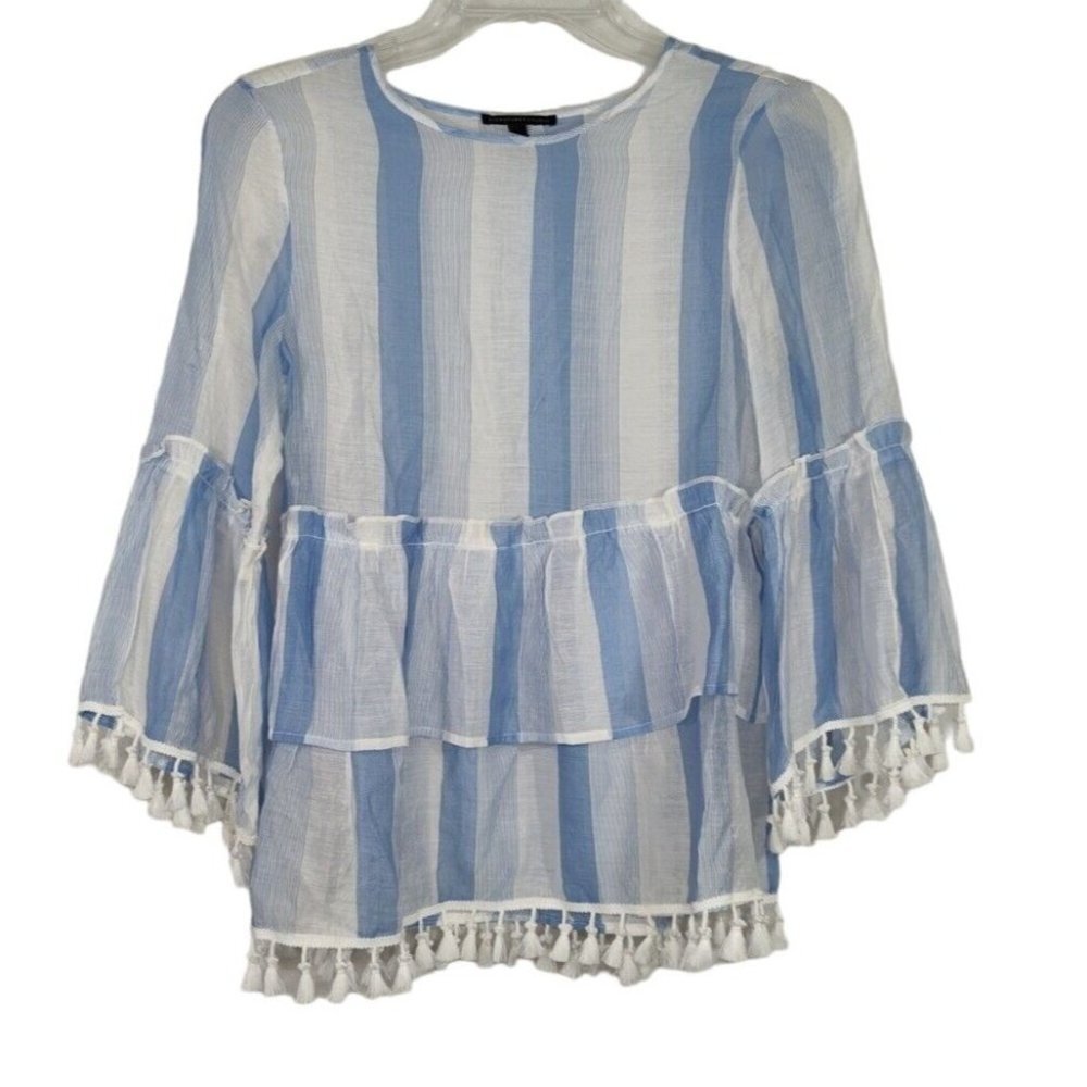 Signature Studio Top Women Size S Blue White Sheer Bell Sleeve Tassels FLAW